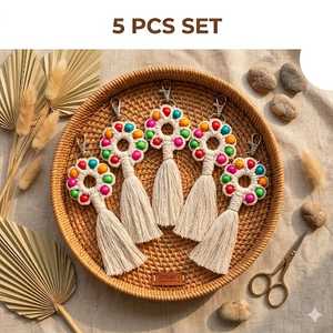 Pendentif porte-clés en macramé de coton, ornement de couronne à pompons perlés, décoration suspendue DIY pour la maison et la voiture - Product Image 2