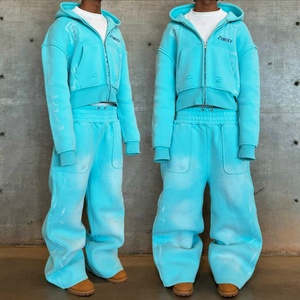 Ensemble de survêtement personnalisé de haute qualité pour homme, comprenant un sweat à capuche zippé et un pantalon de jogging, coupe oversize, en tissu épais, effet délavé soleil - Product Image 3