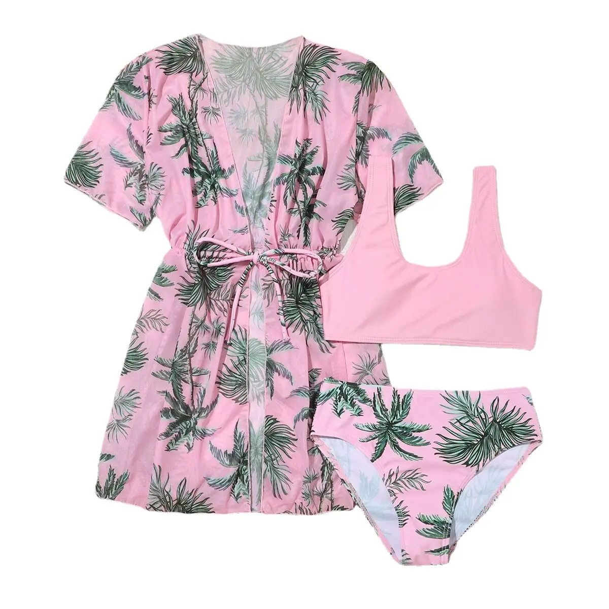 Girls 3pack Tropical Pleated Bikini Swimsuit with Mesh Cover Up 7-14 Years Children's Swimwear Kimono Swimming Suit Beachwear