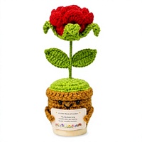 Xulvrax Geburtsblume Juni Rose Gehäkelte Topfpflanze Geschenk |   Handgefertigter Holzsockel Romantische Geburtstags- und Muttertags-Schreibtischdekoration für