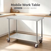 Table de travail de cuisine de restaurant à deux niveaux en acier inoxydable 304 avec revêtement anti-graffiti, 4 roulettes, capacité de charge de 300 kg par mètre