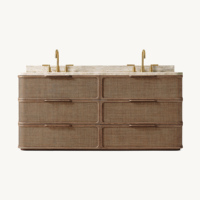 Meuble-lavabo double en chêne massif Japandi haut de gamme avec incrustations en rotin, vasque double de luxe de 72 pouces avec plateau en marbre, design organique moderne et courbé