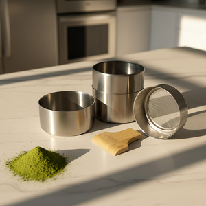 <span class=keywords><strong>150</strong></span> gramos logotipo personalizado 304 acero inoxidable redondo vacío tamiz Matcha contenedor con bambú Matcha polvo espátula - Product Image 4