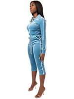 Ensemble BR7083 tendance pour femme en velours avec revers, fermeture éclair latérale, contraste de couleurs, rayures blanches, manches longues et cordon de serrage
