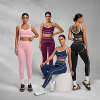 Ensemble de yoga 2 pièces sans couture, respirant, pour femme, avec leggings taille haute froncés et soutien-gorge de sport à col en V, tenue de fitness pour la gym