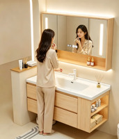 Nouveau style de meuble-lavabo de salle de bain avec vasque en céramique intégrée et rangement latéral en bois massif