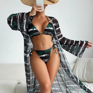 2025 été plage porter Sexy rayures 3 pièces Bikini ensemble résistant au soleil jupe maillots de bain couverture filles Triangle Bikinis ensemble - Product Image 1