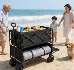 Chariot pliable à 2 niveaux durable en acier, avec roues doubles de 8 pouces en Oxford 600D, <span class=keywords><strong>personnalisable</strong></span>, pour le camping en plein air, la plage, chariot utilitaire - Product Image 6
