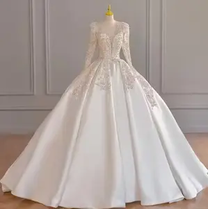 新娘长袖重v领缎面高品质质感法国婚纱新款搭配头饰套装