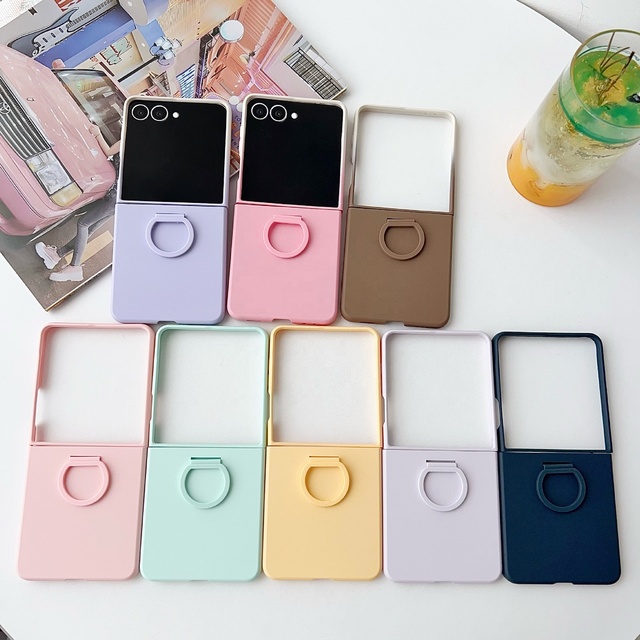 Luxurious Candy-Color PC Ring Holder Phone Case for iphone Samsung Z Flip 5 7 FE Includes Grip Hard Case Trendy Mobile Phone Cases