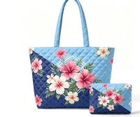 Ensemble de sacs fourre-tout matelassés pour femme, motif floral hawaïen Plumeria Hibiscus, légers, doux, avec pochette zippée, réutilisables pour la plage et les voyages