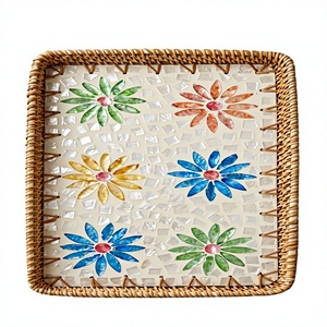 Rectangular Rattan <b>Storage</b> <b>Tray</b> With Painted Floral Design Bohemian Style Table Top Organizer Easy To Clean - Product Image 1