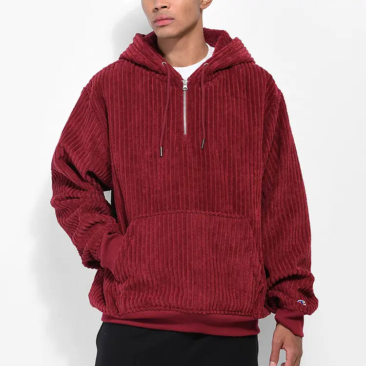 OEM Custom Logo Sweatshirt Printed Oversized 1/4 Zip Neck Pullover Wholesale Corduroy Fleece Hoodie For Men