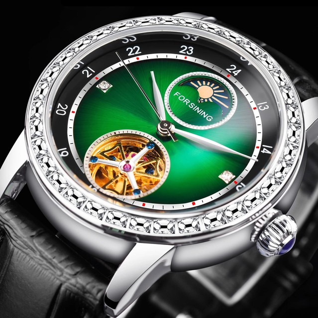 Custom Exquisite Luxury Green Design Genuine Leather Moon Phase Diamond Stainless Steel Tourbillon Automatic Mechanical Watch
