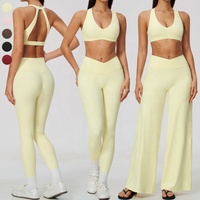 Ensemble de sport pour femme couleur unie : Soutien-gorge de sport dos évidé, Legging de yoga taille haute à coupe croisée en V et Pantalon large pour l'entraînement et le fitness