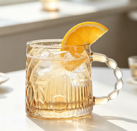 Tasse en verre gaufré vintage avec poignée en chaîne de perles, mug transparent pour café, thé, jus et boissons froides