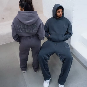 Custom High Quality Autumn Digital Print Streetwear Hooded Heavyweight Knitted 400gsm <strong>Tracksuits</strong> For Men Women - Product Image 4