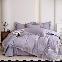 Parure de lit 100% pur coton violet clair draps brodés et housse de couette