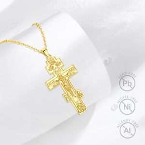 卸売正教会ジュエリー 925スターリングシルバー 18K金メッキ 彫刻入りレリーフ正教会十字架ペンダントネックレス メンズ用 - Product Image 4