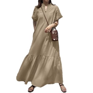 Robe longue décontractée ample à <span class=keywords><strong>col</strong></span> montant et <span class=keywords><strong>col</strong></span> en V, manches courtes, à volants, coupe trapèze, avec poches pour <span class=keywords><strong>femme</strong></span> - Product Image 1