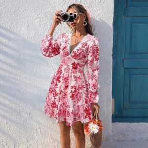 Nouvelle robe afghane bohème vintage à manches longues, col en V, en dentelle florale, décontractée, pour les vacances, longueur genou, style A-line pour femme - Product Image 3