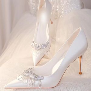 Wedding Bride Shoes Size 33-42 Elegant Silk White Pearl BOw <b>Pointed</b> <b>Toe</b> Pumps Sexy 2025 Trendy Women's Heels - Product Image 3