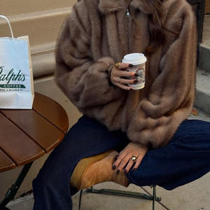 Abrigo <span class=keywords><strong>de</strong></span> <span class=keywords><strong>Mujer</strong></span> Holgado con Mangas Anchas, Personalizado <span class=keywords><strong>de</strong></span> Lujo con Cierre, Abrigo <span class=keywords><strong>de</strong></span> Piel <span class=keywords><strong>de</strong></span> Alta Calidad, Tejido <span class=keywords><strong>de</strong></span> <span class=keywords><strong>Punto</strong></span> Esponjoso, Color Camel - Product Image 2