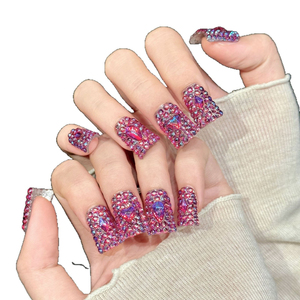 <span class=keywords><strong>Uñas</strong></span> <span class=keywords><strong>Postizas</strong></span> Hechas a Mano al por Mayor, Estilo Duckbill, <span class=keywords><strong>Cortas</strong></span> y Anchas, con Flores 3D, Diamantes <span class=keywords><strong>de</strong></span> Imitación, Brillo Morado y Rosa, Reutilizables, OEM, ODM, Empaque Personalizado - Product Image 2