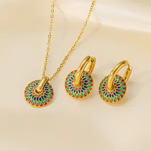 Vintage Gold Plated Boho Colorful Drop Oil Daisy Flower Pendant Necklace And Earring Jewelry Set For Women Girls