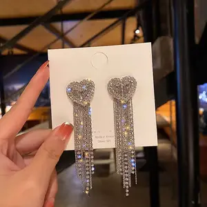 Atmospheric Earrings Internet Famous And Versatile Earrings Diamond Studded Heart-shaped Tassel Earrings 2024 New For Women