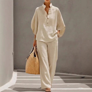 Women's <b>Linen</b> Shirt <b>Set</b> Solid Color Loose Fit Casual Suit For Daily Wear SMLXLXXLXXXL4XL5XL - Product Image 2