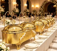 Chauffe-Plat Rond Double Suspendu Doré 16L en Acier Inoxydable pour Buffet, Maintien au Chaud des Aliments, Service de Traiteur pour Hôtels et Banquets