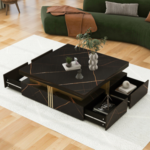 <b>Modern</b> <b>Black</b> Marble Square Storage <b>Coffee</b> <b>Table</b> with 4 Drawers Living Room Furniture - Product Image 4