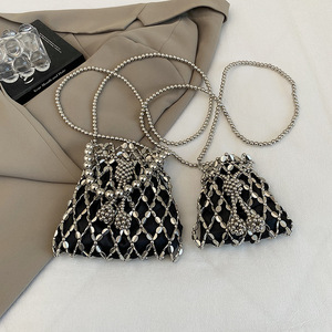 2 Sizes <strong>Sparkling</strong> Silver Acrylic Beaded Bucket <strong>Bag</strong> Women's Handmade Metal Mesh Crossbody Purse Mini Evening <strong>Bag</strong> with Chain Strap - Product Image 2