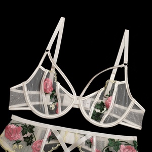 TD Sexy Set Lingerie da sposa 3 pezzi XL formato coppa maglia ricamo imbottito con fiocco in pizzo Push-Up traspirante Hipster - Product Image 6