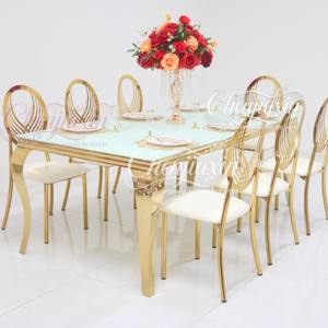 Moderno di lusso rettangolare di <span class=keywords><strong>vetro</strong></span> chiaro oro <span class=keywords><strong>in</strong></span> acciaio inox matrimonio <span class=keywords><strong>sala</strong></span> da pranzo tavoli e sedie per feste dalla cina per eventi - Product Image 2