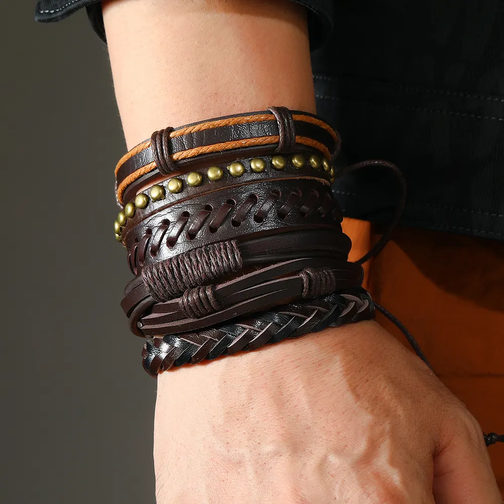 Profession eller Schmuck hersteller Großhandel braune Punk Mode Armbänder hand gewebte 6-teilige Set Armbänder