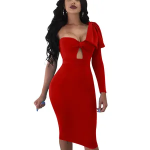 Plus Size Vrouwen Jurken Een Schouder Boog Decoratie Lange Mouwen Bodycon Potlood Jurk