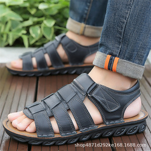 Sandalias de cuero genuino para hombre con tiras cruzadas, punta abierta, suela de goma transpirable, zapatos casuales de verano - Product Image 2