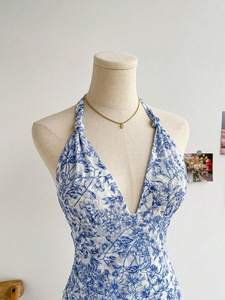 Robe d'été sans manches à col en V bleu à motifs floraux, style <span class=keywords><strong>vintage</strong></span> bohème, sexy, dos nu, pour les loisirs, les vacances, la plage et le <span class=keywords><strong>soleil</strong></span> - Product Image 5