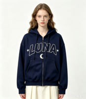 Sweat à capuche zippé surdimensionné pour femme avec broderie étoile et lune, style preppy