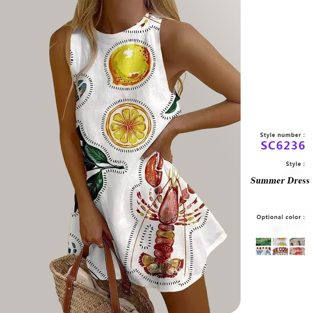 New Crew Neck Sleeveless Boho Women's Ocean Element Casual A-Line High Waist Spandex/Polyester Woven Shirt Dress