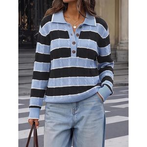 Pull polo rayé en tricot torsadé personnalisé pour femme, à manches longues, boutonné, décontracté - Product Image 4