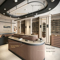Ensemble complet d'ameublement haut de gamme pour opticien : comptoir d'exposition incurvé pour lunettes, vitrine murale LED pour lunettes, présentoir optique personnalisé