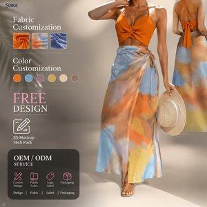 Conjunto de Dos Piezas de Verano <span class=keywords><strong>para</strong></span> Mujer, Top Corto Halter con Estampado Tie Dye y Falda Midi de Malla Transparente con Cintura Alta y Lazos Laterales, Venta al Por Mayor Personalizada - Product Image 1