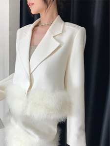 New Fashion <strong>Trend</strong> Silhouette Lace-up Two Pieces Women Set Patchwork Suit Jacket Plus High Waist Short Skirt Suit With Fur - Product Image 3
