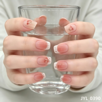 Faux Ongles Roses Press-On Courts Carrés avec French Manucure Blanche et Motifs Floraux – Vente en Gros, Marque Privée, Ongles Artificiels