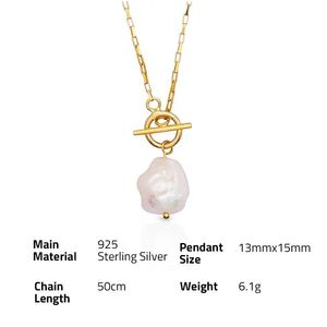 Chris April Gold Plated 925 <strong>Sterling</strong> <strong>Silver</strong> <strong>t</strong> <strong>bar</strong> Toggle Chunky Baroque Freshwater Pearl <strong>Necklace</strong> - Product Image 4