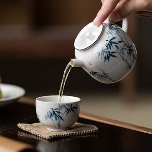 Hand Painted Porcelain Teapot With Lid Round Shape Blue Bamboo Design Kung Fu <b>Tea</b> <b>Set</b> Small Size Afternoon <b>Tea</b> Use - Product Image 4