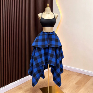Jupe longue asymétrique à carreaux pour femme, superposée, à volants, taille à cordon de serrage, ourlet irrégulier, fluide, logo personnalisé Sehe Fashion - Product Image 1